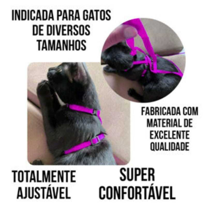 Coleira Peitoral Com Guia Gato Pet Shop Ajustavel E Guia